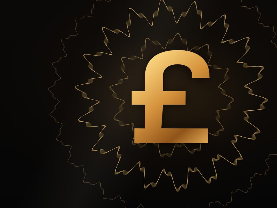 A large gold pound sign with a gold rosette on a black background