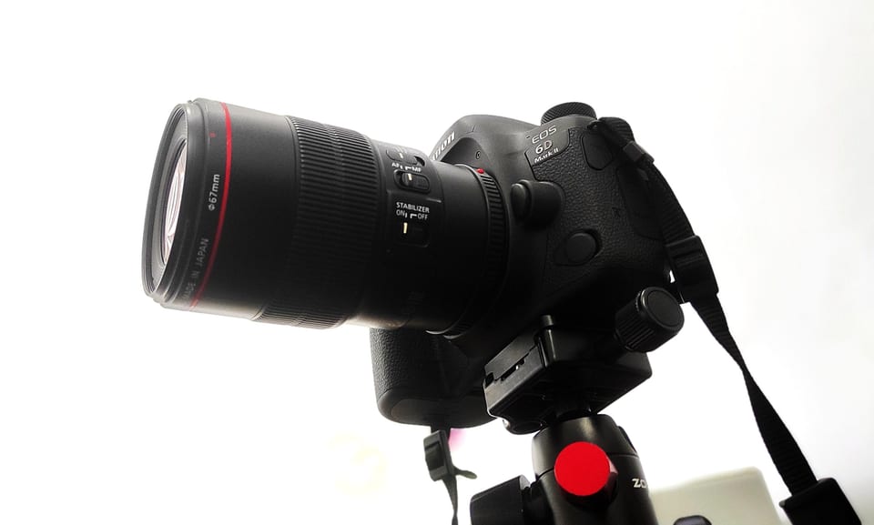 Canon EOS 6D Mark II camera with an EF 100mm f/2.8L Macro lens on a white background