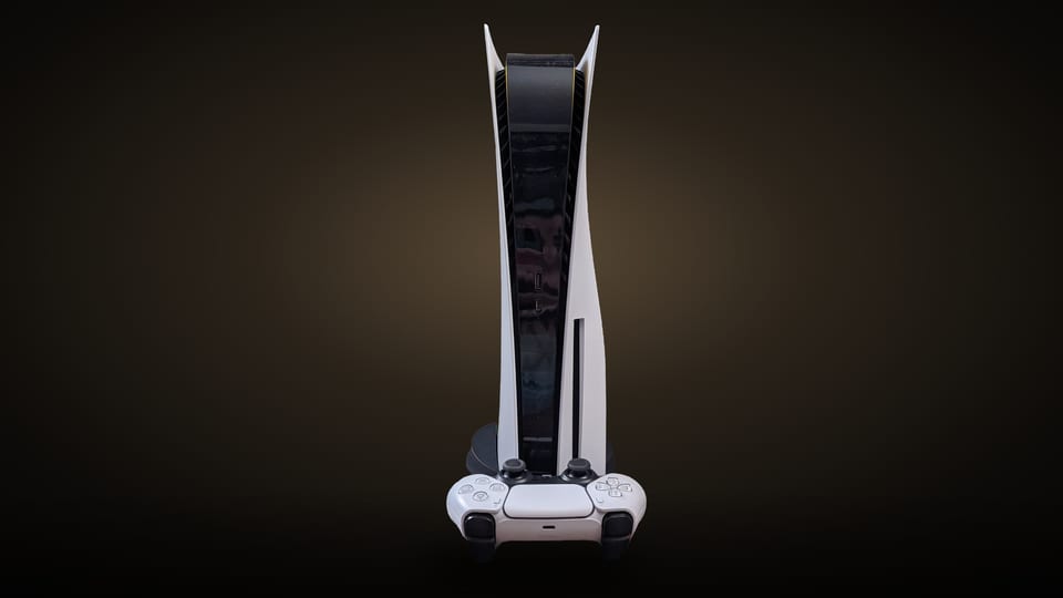 PlayStation 5 console standing upright with a DualSense controller in front