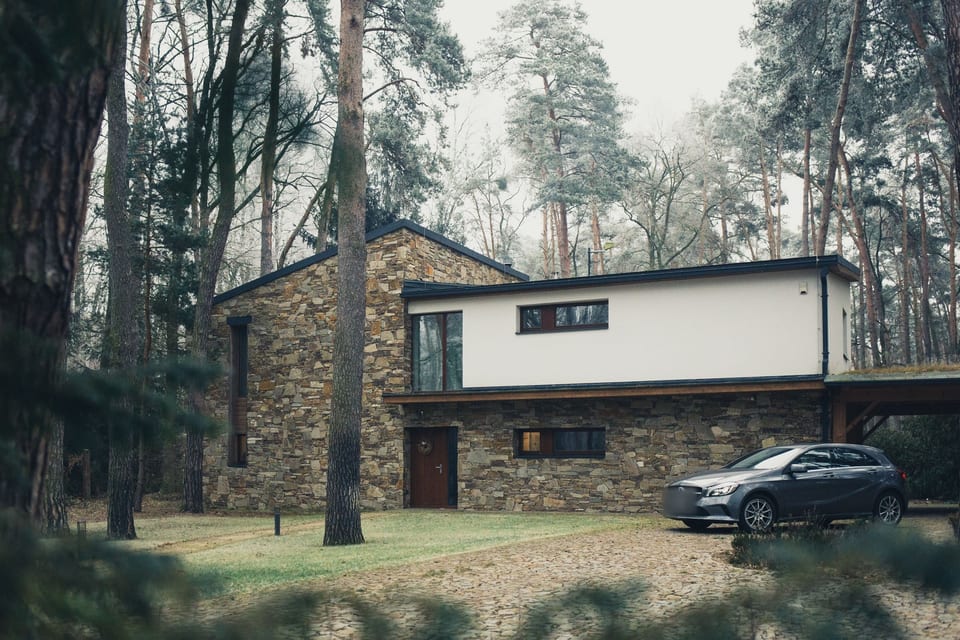 Stone and white-rendered house among tall pines, with a gravel drive